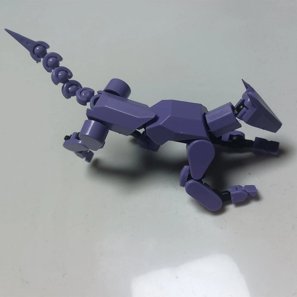 A purple multi-jointed shapeshifting puppet with a long neck and distinct limbs.