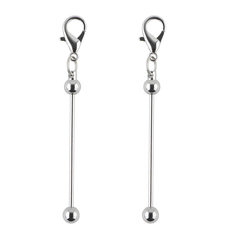A pair of silver metal keychain bars with lobster clasps for DIY jewelry making.