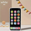 A white interactive baby learning phone toy displaying colorful icons and features.