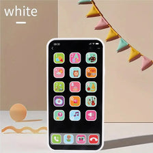 A white interactive baby learning phone toy displaying colorful icons and features.