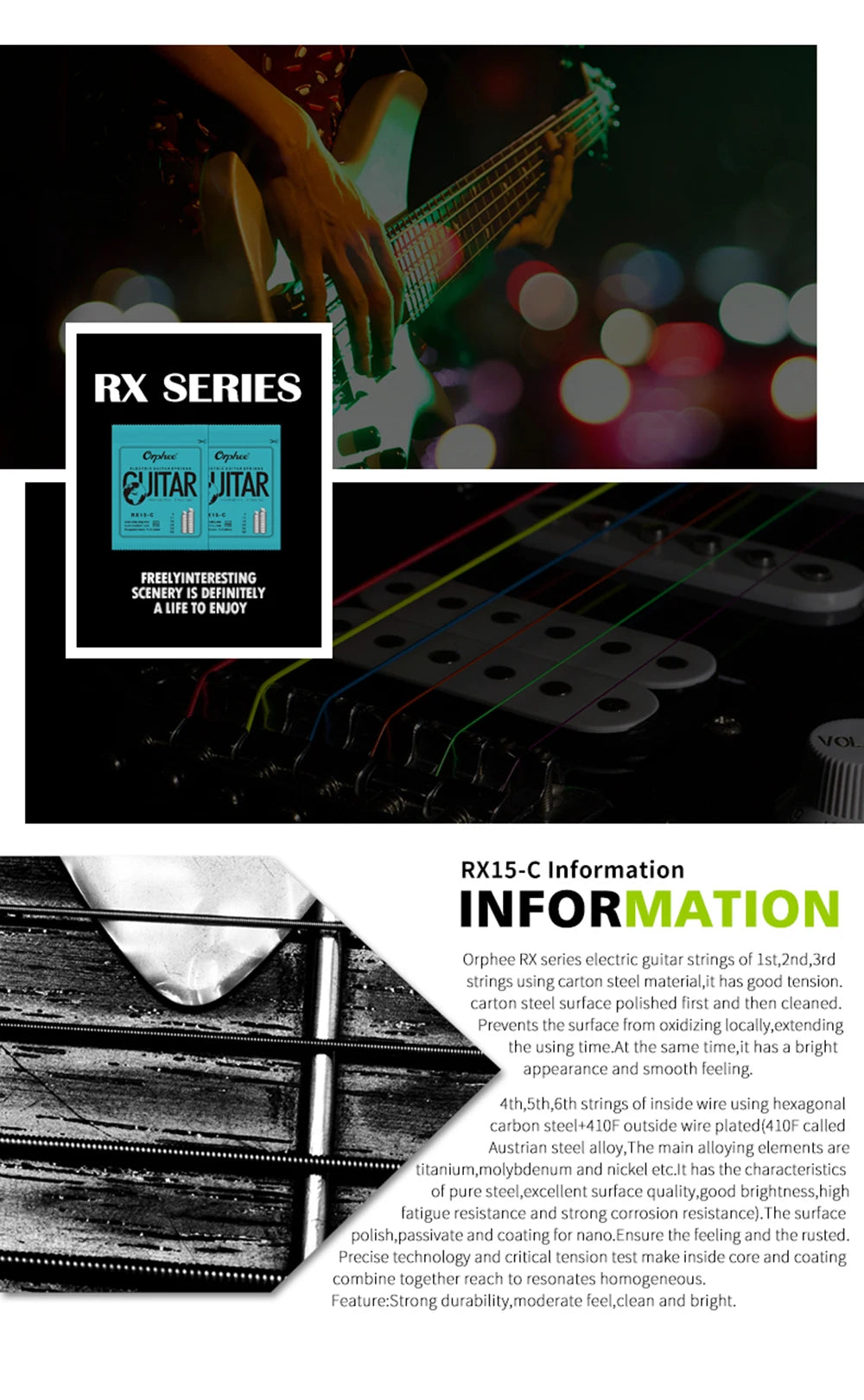 RX Series electric guitar strings with nickel wound for a bright tone