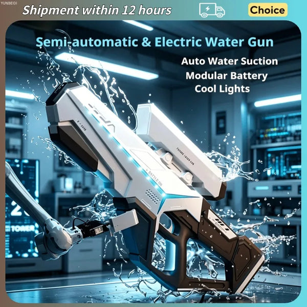 Un pistolet à eau électrique semi-automatique noir et blanc, avec batterie modulaire et lumières cool, pulvérise de l'eau.