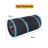 A black foldable S-shaped cat tunnel with two channels and a hanging ball toy.