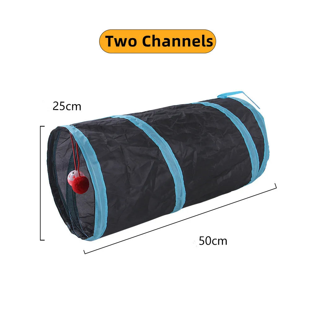 A black foldable S-shaped cat tunnel with two channels and a hanging ball toy.