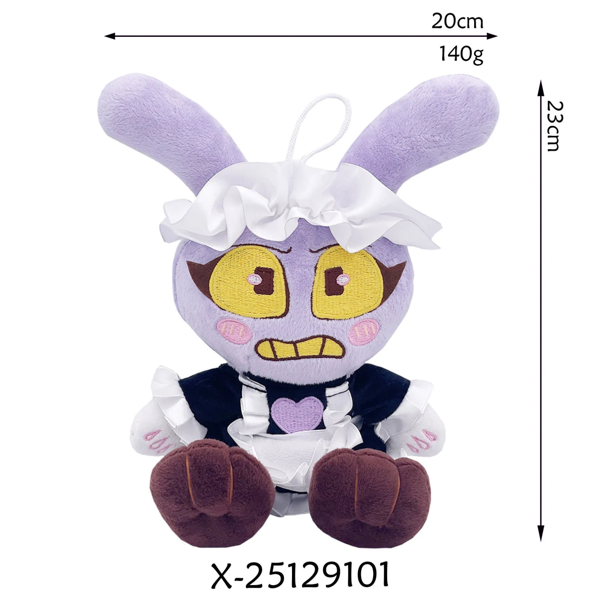 A purple plush toy of a character with large ears and a ruffled collar, featuring yellow eyes and dark clothing.