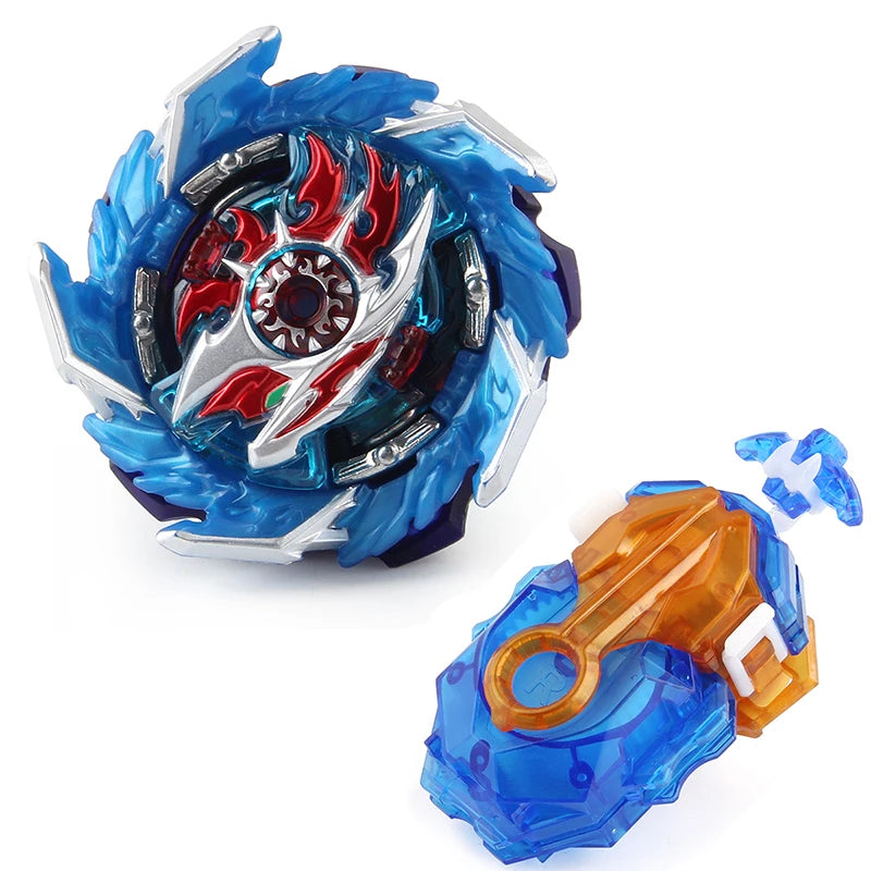 A metal spinning top battle set featuring a blue and silver design with a red flame center and an orange string launcher.