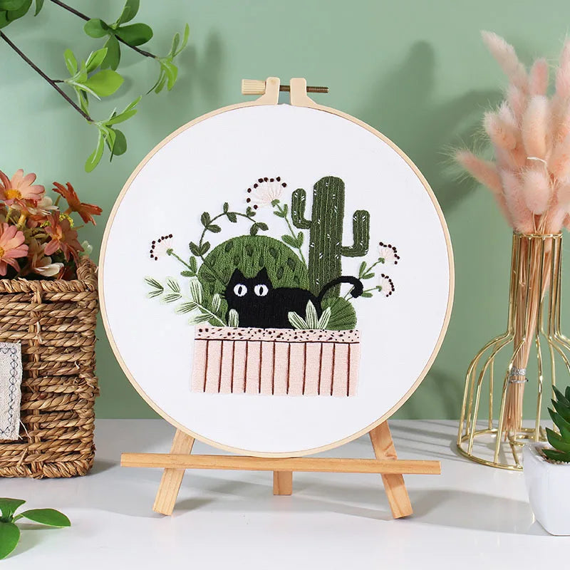 Beginner Embroidery Kit with Floral and Cat Patterns