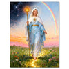 A painting of Jesus and Virgin Mary with a halo, standing in a field under a rainbow.