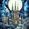 A detailed painting of a gothic castle under a large moon in a dark, snowy night sky.