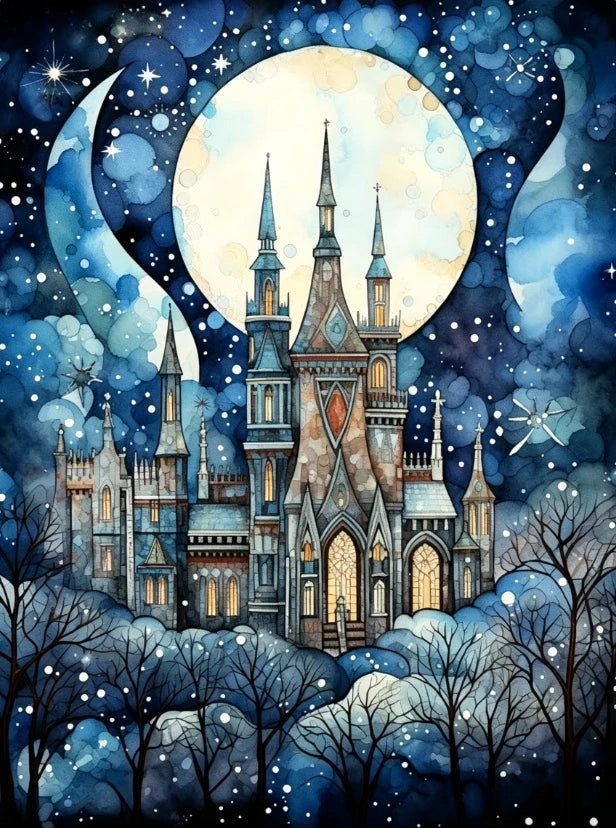 A detailed painting of a gothic castle under a large moon in a dark, snowy night sky.
