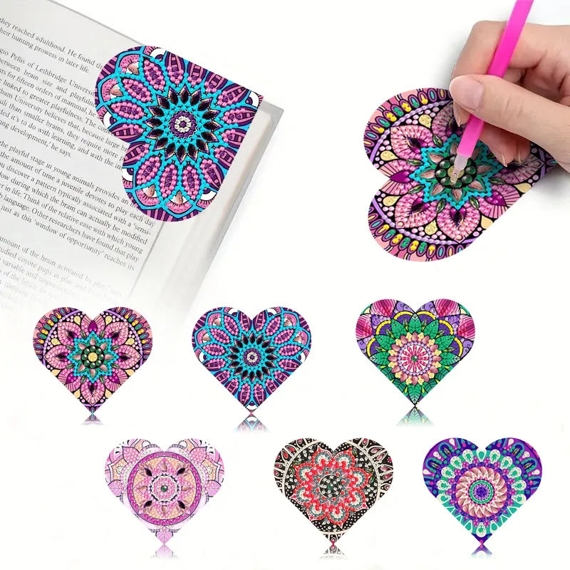 A set of six colorful mandala flower diamond art bookmarks featuring intricate geometric patterns.