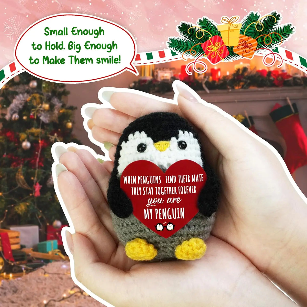 Handmade Knitted Penguin Doll with Inspirational Card