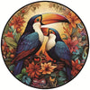 A vibrant illustration of a toucan perched on tropical flowers against a warm, earthy background.