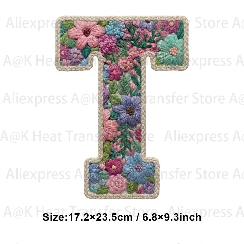 A floral letter T patch made of fabric for DIY clothing and accessories
