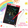 A red 8.5 inch LCD writing tablet with a stylus pen is shown next to a colorful rainbow and sun illustration.