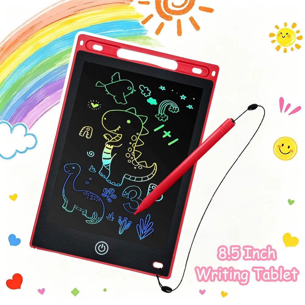 A red 8.5 inch LCD writing tablet with a stylus pen is shown next to a colorful rainbow and sun illustration.