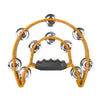 A colorful double-layer tambourine with metal bells and a wooden handle for kids.