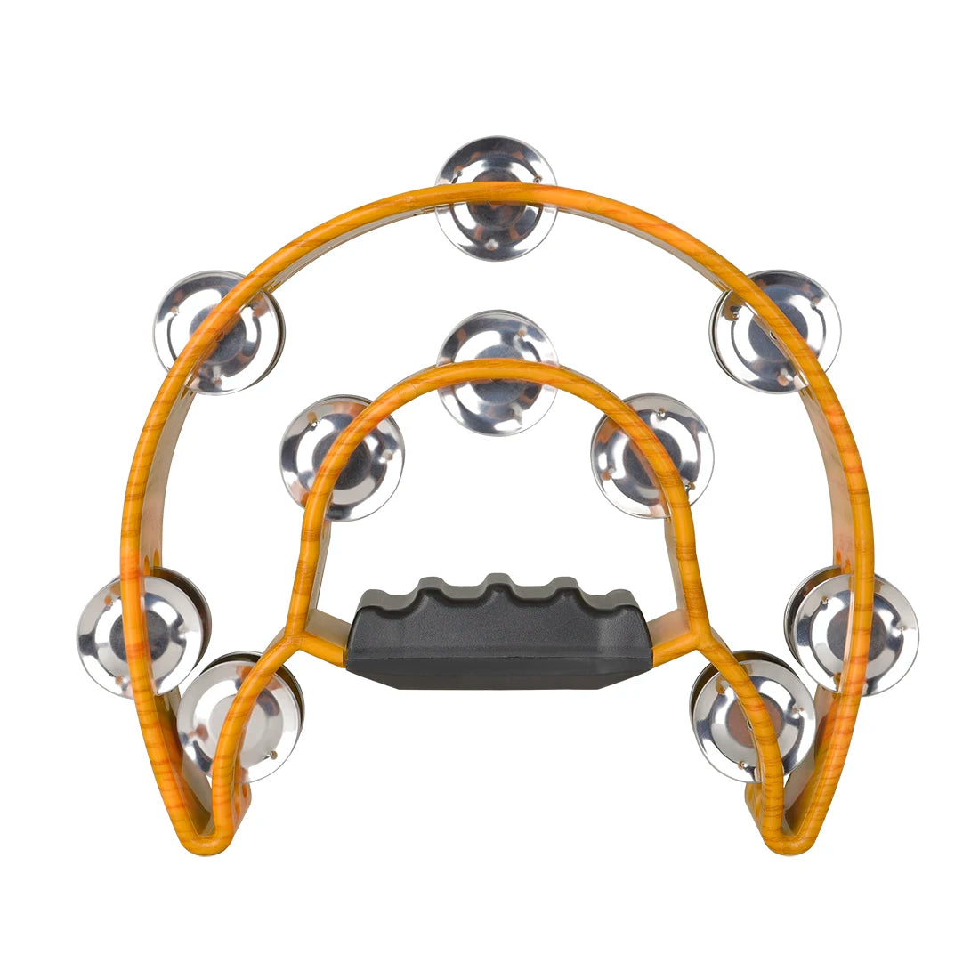 A colorful double-layer tambourine with metal bells and a wooden handle for kids.