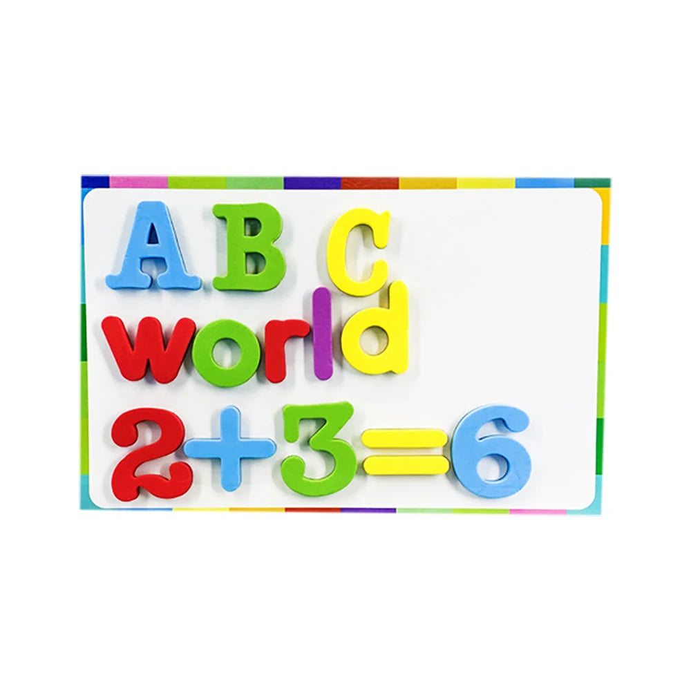 A colorful magnetic letter and number set showing the alphabet, the word world, and the equation 2+3=6.