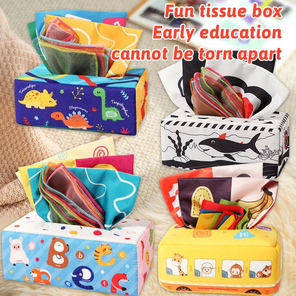 Sensory Tissue Box Toy with Crinkle Paper and Silky Scarves