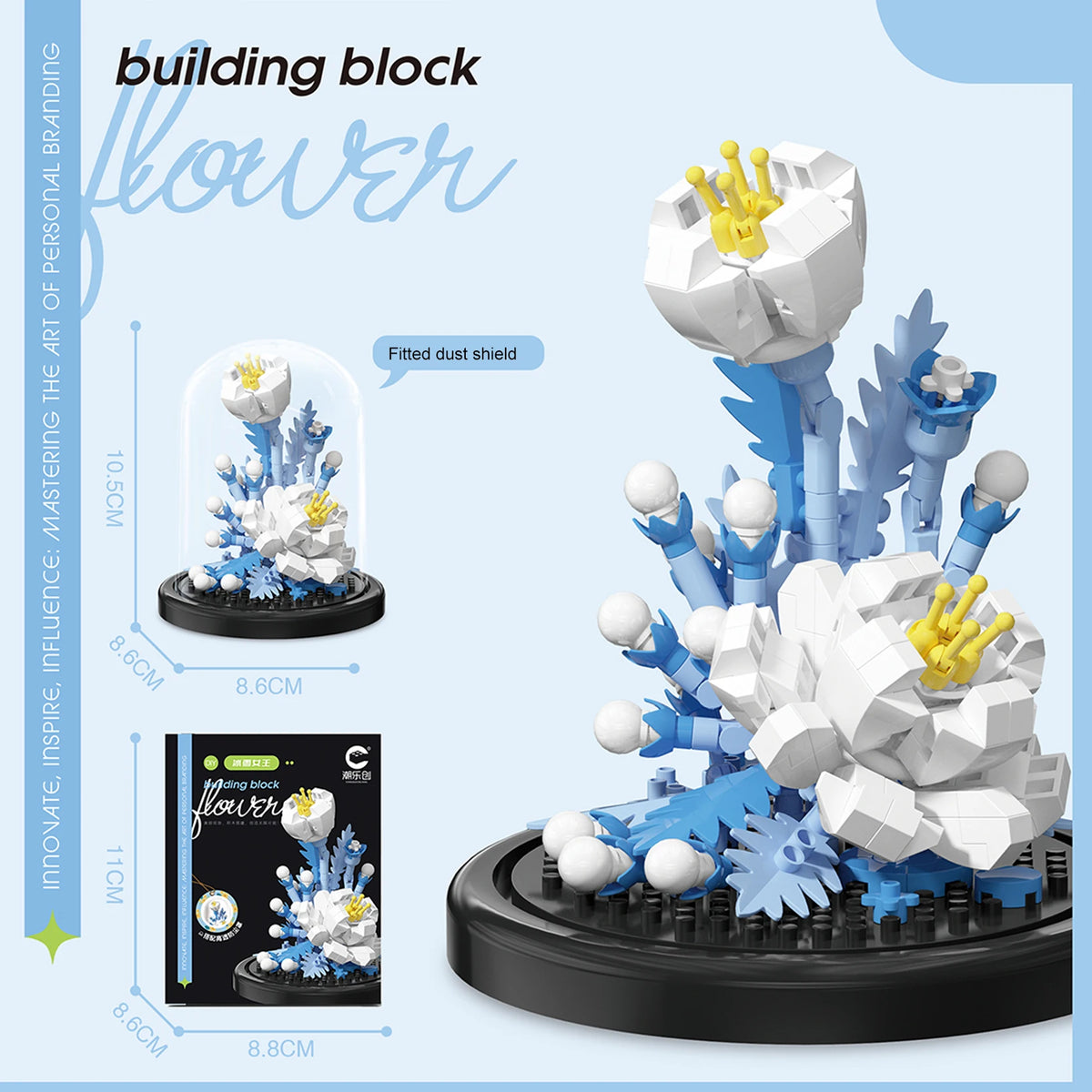 A building block kit of an eternal rose flower featuring white and blue components.