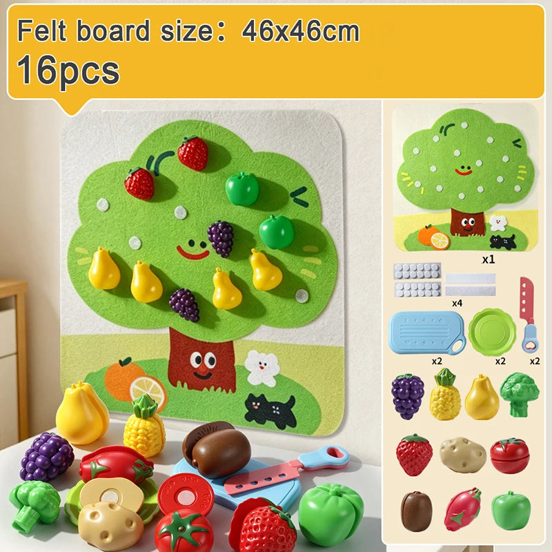 A felt board set featuring various colorful fruits and vegetables like apples, strawberries, and pears for pretend play.