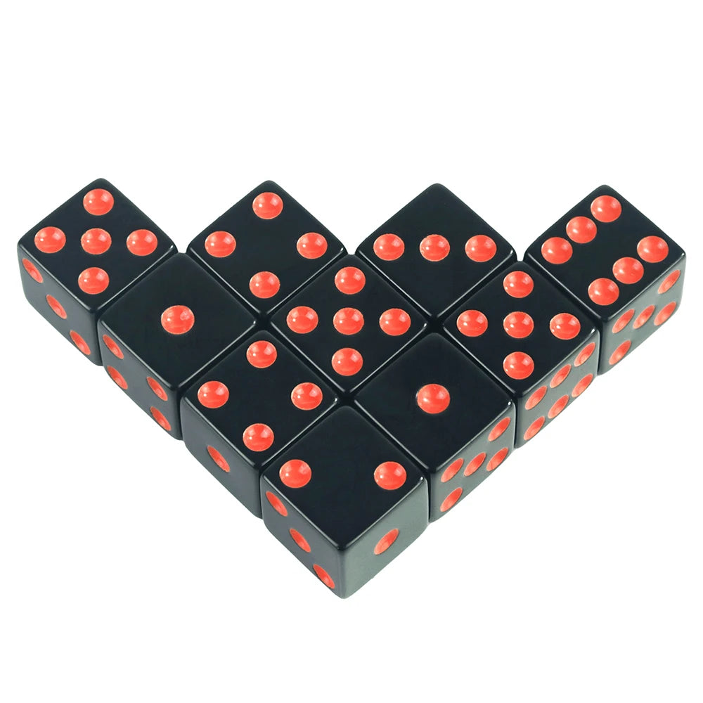 A set of ten vibrant red and orange acrylic six-sided dice for board games and RPGs