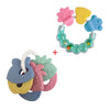 A set of silicone baby teethers in various colors including pink, yellow, blue, and green.
