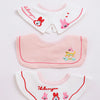 A set of three pink and white baby waterproof drool bibs featuring cute animal designs