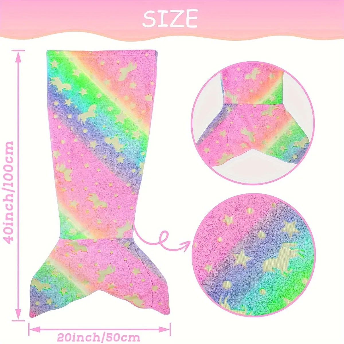 A glow-in-the-dark mermaid tail blanket for kids showing a pink and green iridescent design.