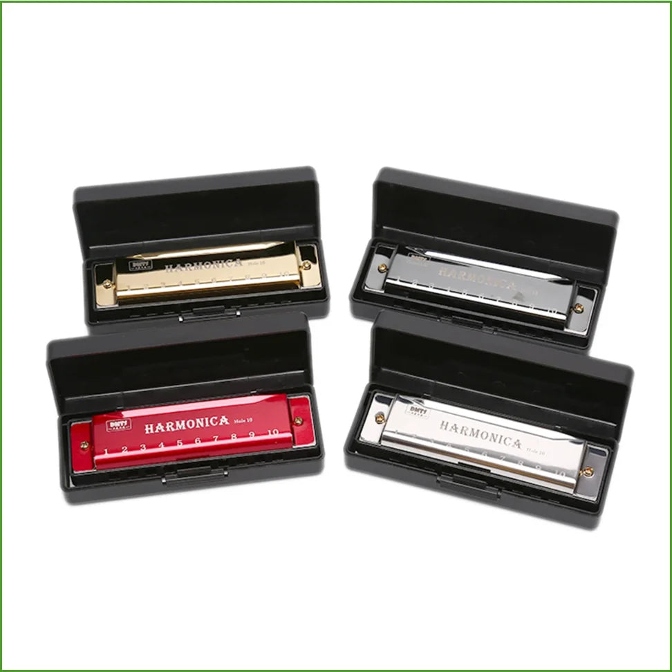 Deux boîtes à harmonica noires présentant une harmonica diatonique or et argent pour débutants