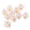 A collection of ten white acrylic polyhedral dice showing various numbers and shapes for tabletop games