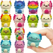 A collection of colorful squishy slow-rise stress relief toys featuring cute newt figurines in various shades of pink, purple