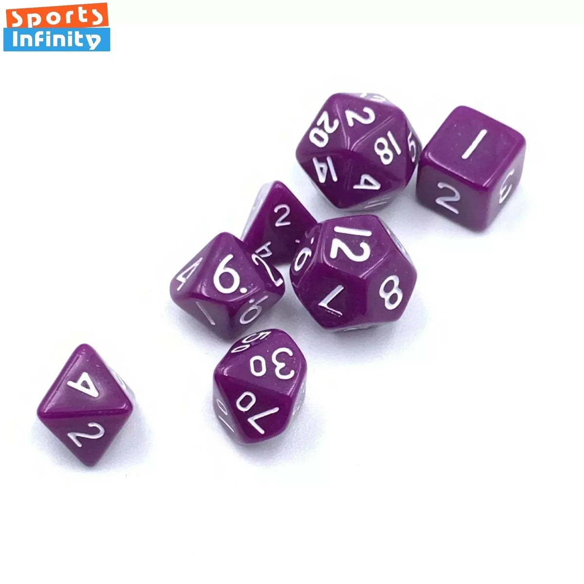 A set of seven mini polyhedral RPG dice in purple and black on a white background.
