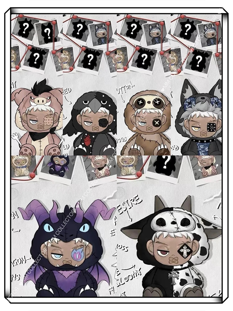 A collection of blind box vinyl figures featuring various characters and accessories.