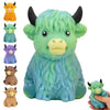 A collection of glitter highland cow squishy stress relief toys in various colors and textures.