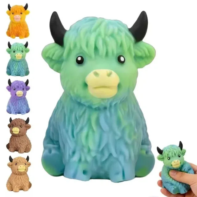 A collection of glitter highland cow squishy stress relief toys in various colors and textures.