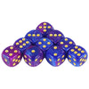 A set of ten colorful 12mm dice with gold dots arranged in a pyramid formation.