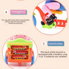 Diagram showing features of a pink piggy ride-on toy car including automatic pedaling and battery installation.