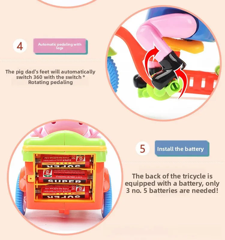 Diagram showing features of a pink piggy ride-on toy car including automatic pedaling and battery installation.