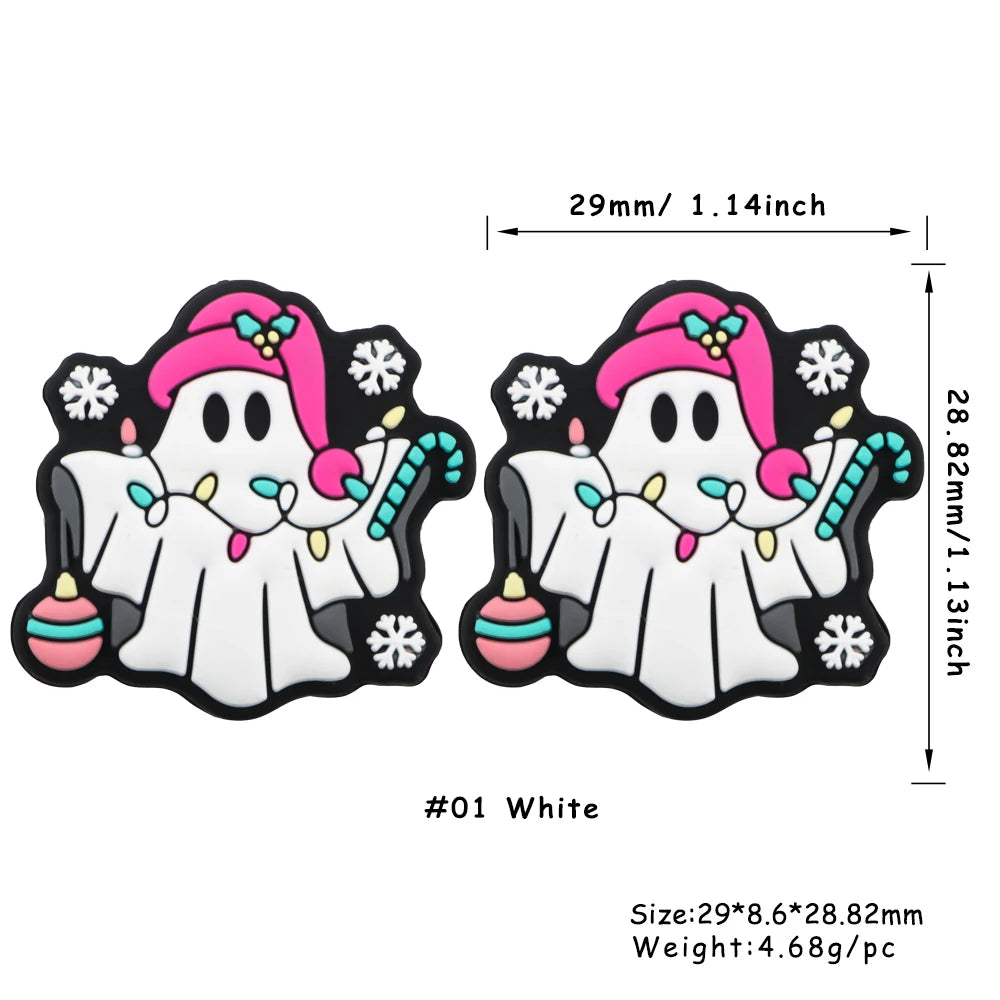 White ghost silicone bead with pink accents and snowflakes for jewelry making