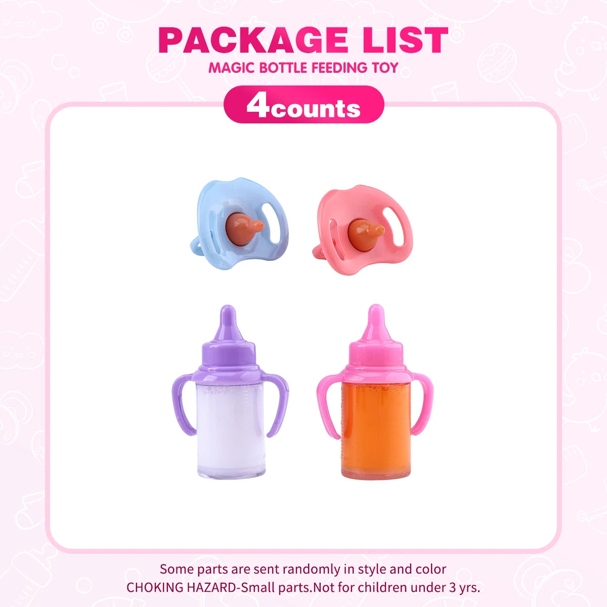 A package list showing four magic bottle feeding toys including silicone bottles and a purple and orange bottle.