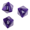 A set of purple acrylic polyhedral dice including a d8, d10, and d4.