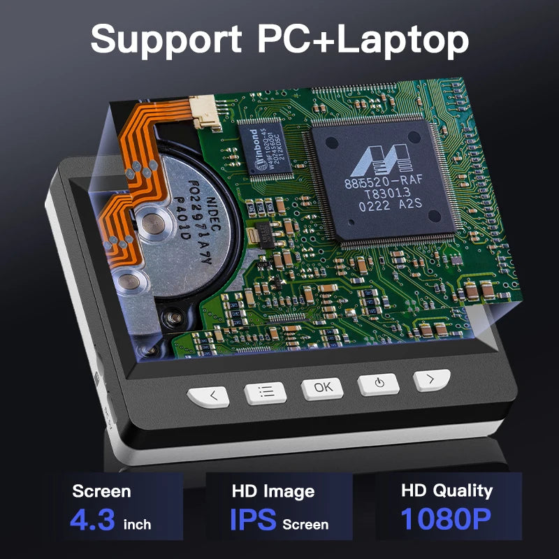 Portable digital microscope with a 4.3 inch IPS screen showing a circuit board component.