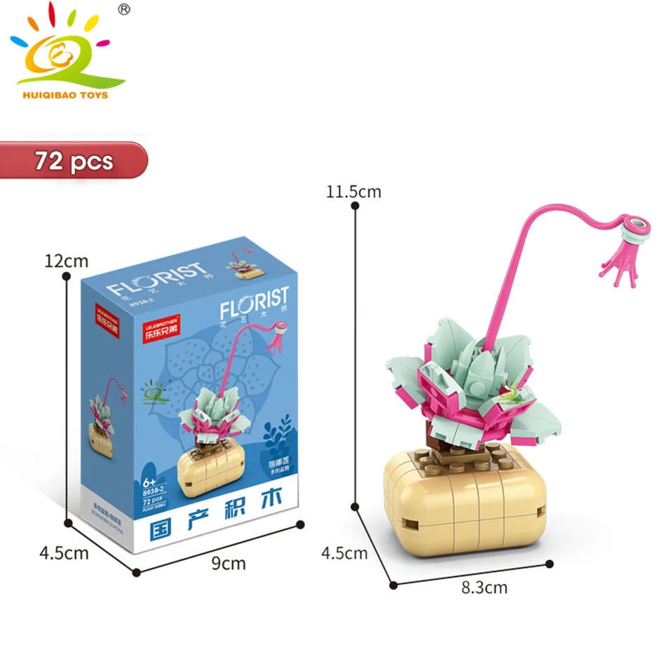 A set of 72 flower succulent building blocks for desktop plant decor, including a pink watering tool.