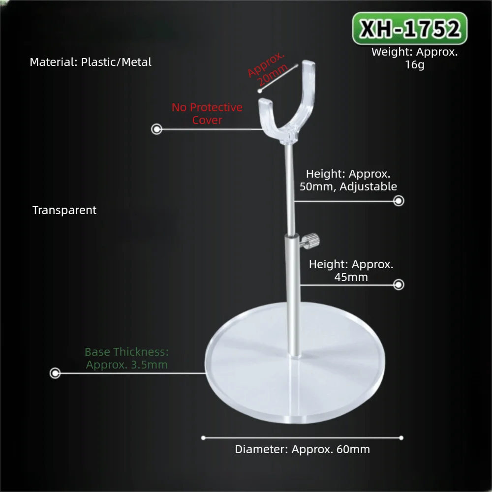 A clear, adjustable doll display stand made of plastic and metal with a round base.