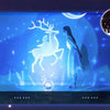 A projection of a deer and a woman silhouetted against a starry night sky with a crescent moon and galaxy effects.