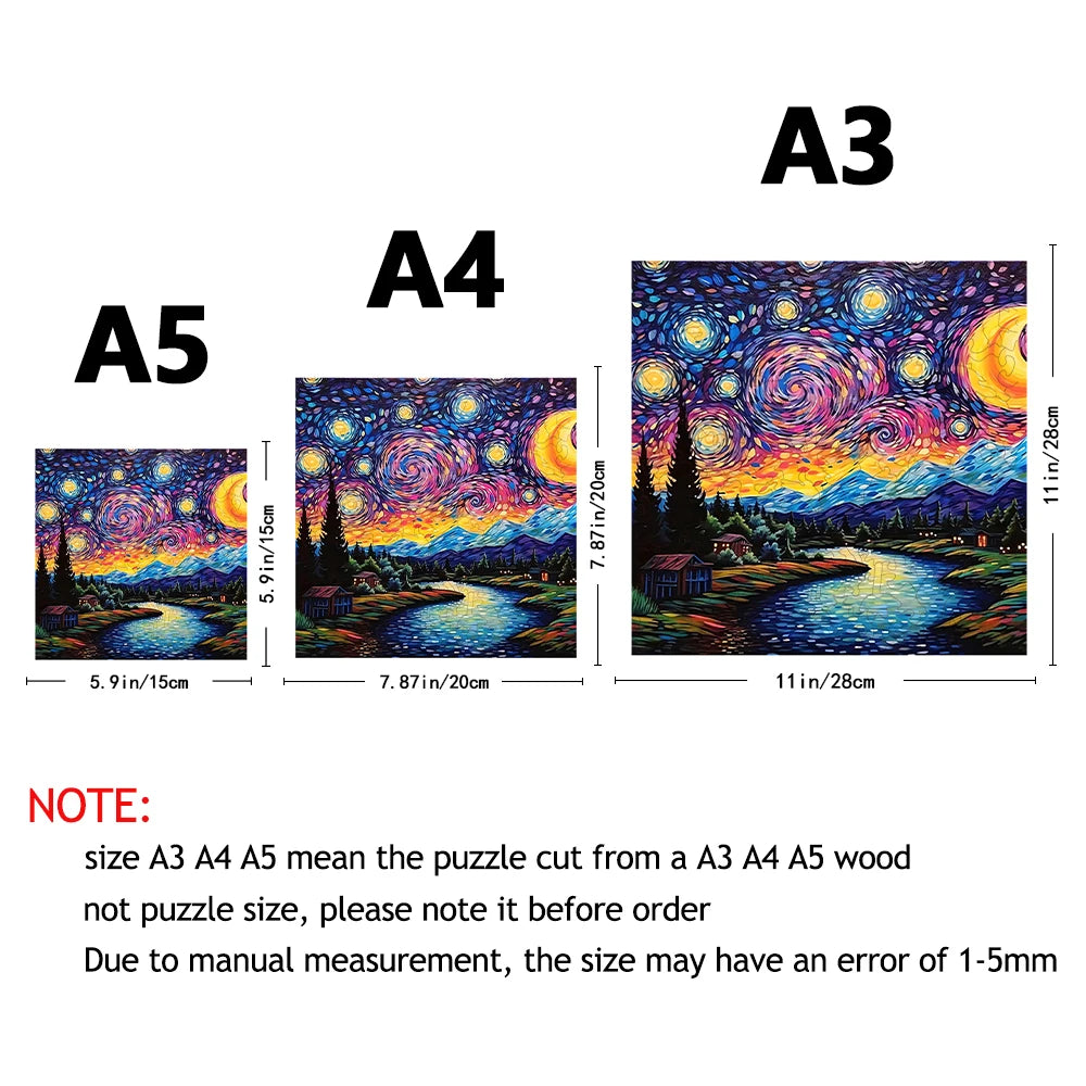 A set of wooden jigsaw puzzles labeled A3, A4, A5, and A3 with a night sky design.