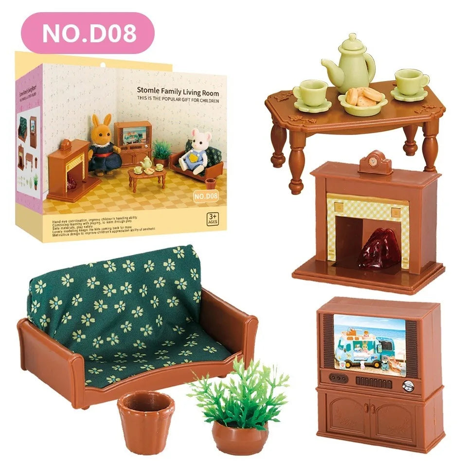 A miniature dollhouse furniture set featuring a wooden stove, a small cabinet, and a green upholstered chair.