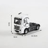 A white 1:50 scale diecast container truck with pull-back action, featuring Mercedes-style details.